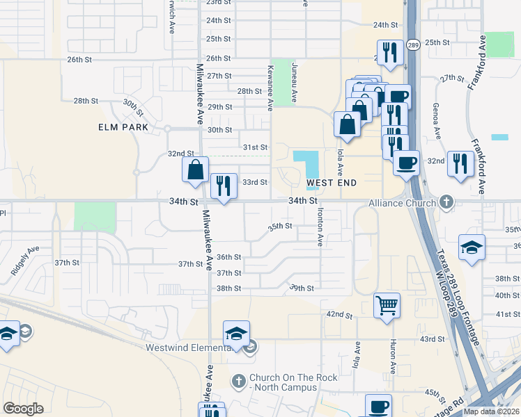 map of restaurants, bars, coffee shops, grocery stores, and more near 6301 34th Place in Lubbock
