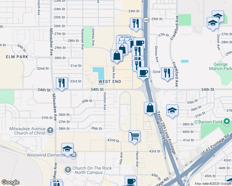 map of restaurants, bars, coffee shops, grocery stores, and more near 3415 Hyden Avenue in Lubbock