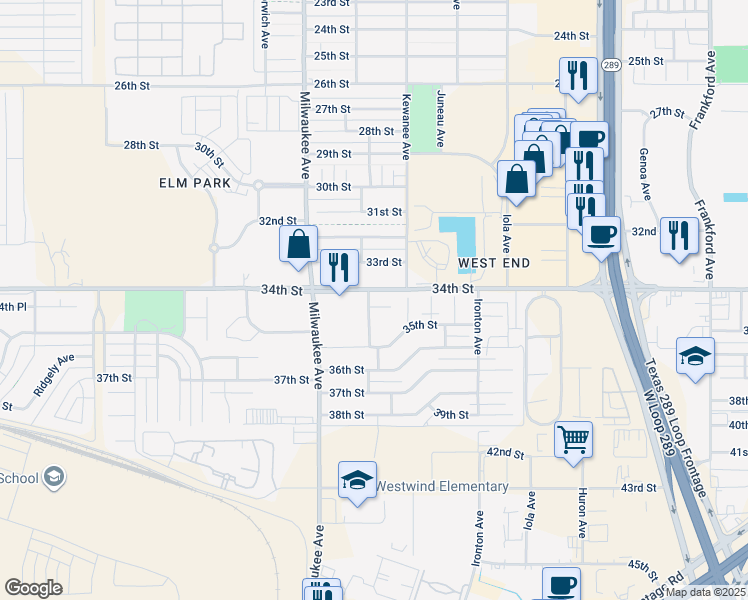 map of restaurants, bars, coffee shops, grocery stores, and more near 6301 34th Place in Lubbock