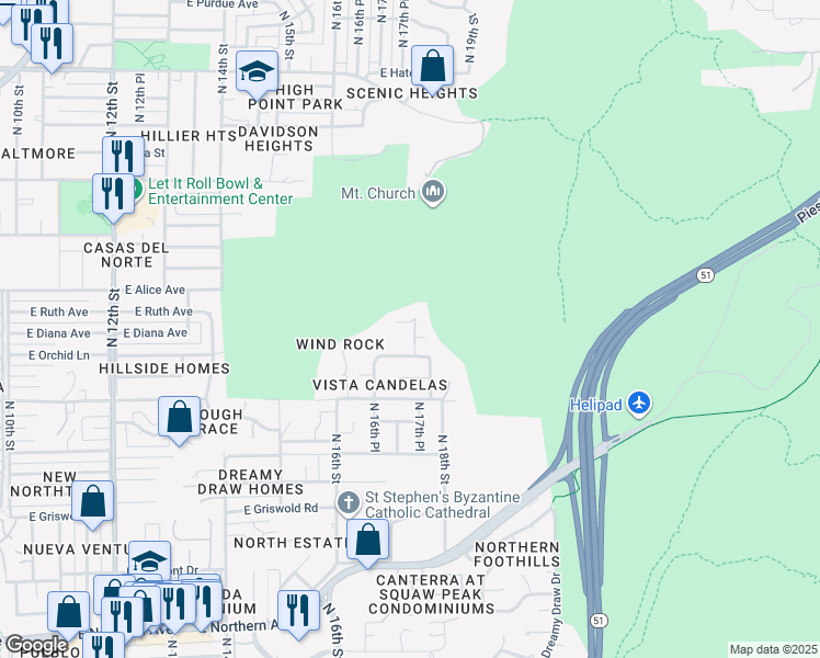 map of restaurants, bars, coffee shops, grocery stores, and more near 8608 North 17th Place in Phoenix
