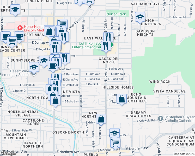 map of restaurants, bars, coffee shops, grocery stores, and more near 1133 East Diana Avenue in Phoenix