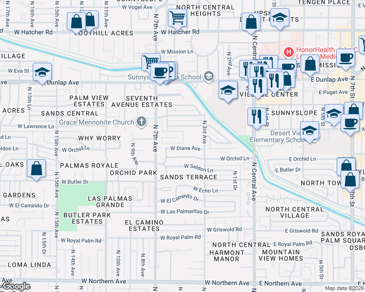 map of restaurants, bars, coffee shops, grocery stores, and more near 341 West Diana Avenue in Phoenix