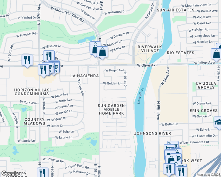 map of restaurants, bars, coffee shops, grocery stores, and more near 10219 West Lawrence Lane in Peoria