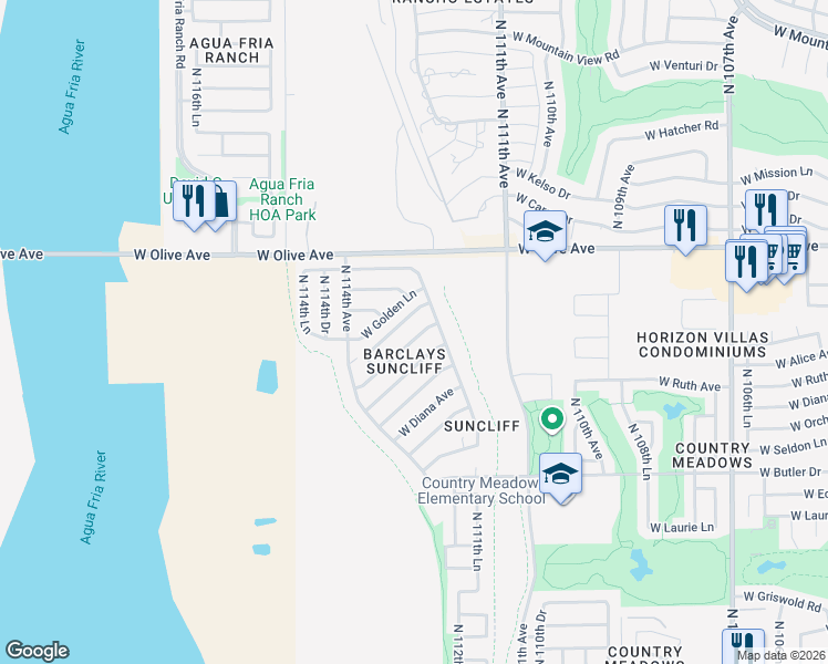 map of restaurants, bars, coffee shops, grocery stores, and more near 11223 West Alice Avenue in Peoria
