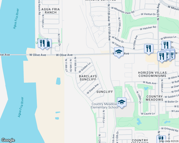 map of restaurants, bars, coffee shops, grocery stores, and more near 11223 West Alice Avenue in Peoria