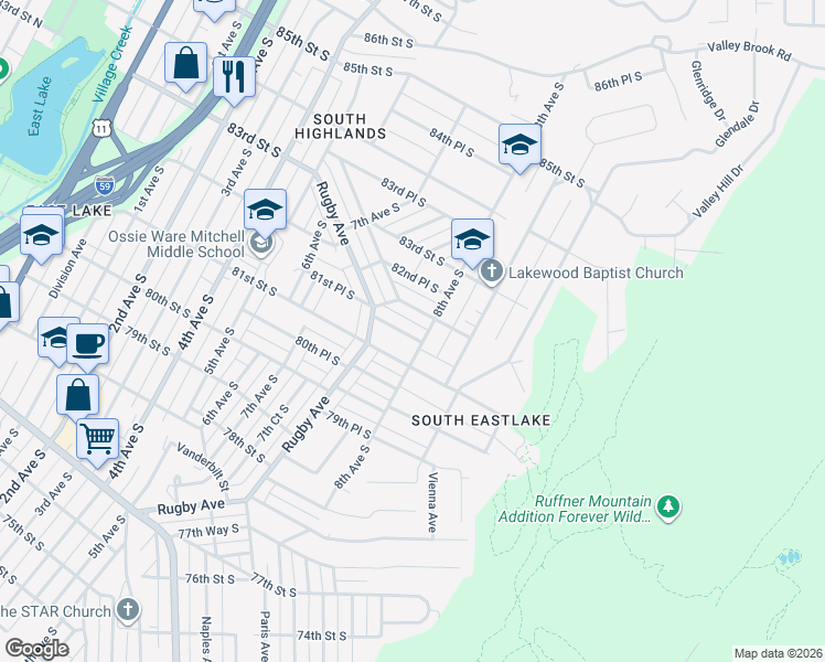 map of restaurants, bars, coffee shops, grocery stores, and more near 768 81st Place South in Birmingham