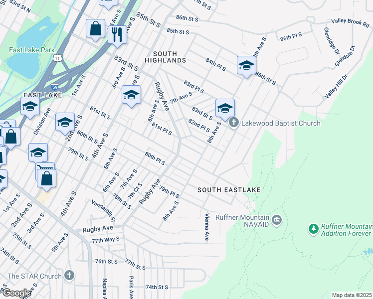 map of restaurants, bars, coffee shops, grocery stores, and more near 768 81st Place South in Birmingham
