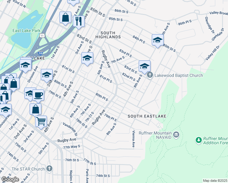 map of restaurants, bars, coffee shops, grocery stores, and more near 8038 Rugby Avenue in Birmingham