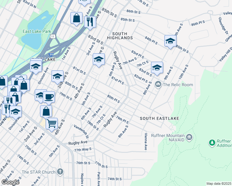 map of restaurants, bars, coffee shops, grocery stores, and more near 712 81st Street South in Birmingham
