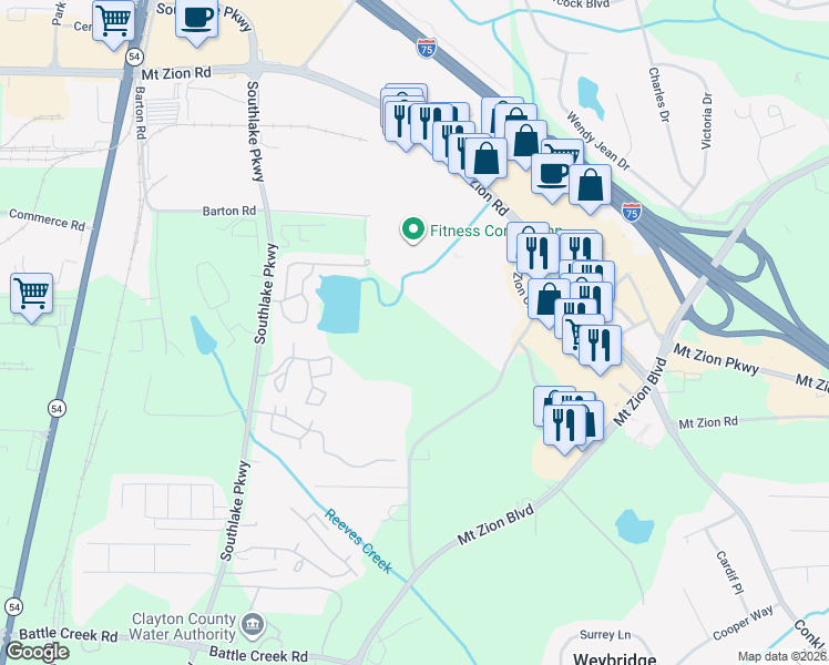 map of restaurants, bars, coffee shops, grocery stores, and more near 7147 Mount Zion Boulevard in Jonesboro