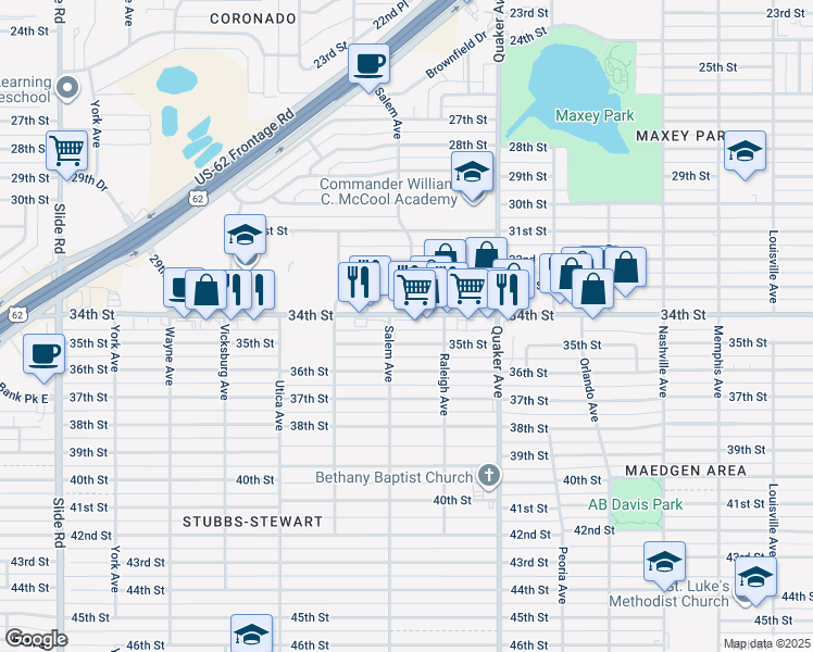 map of restaurants, bars, coffee shops, grocery stores, and more near 4514 35th Street in Lubbock