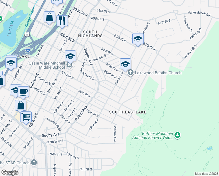 map of restaurants, bars, coffee shops, grocery stores, and more near 768 81st Place South in Birmingham