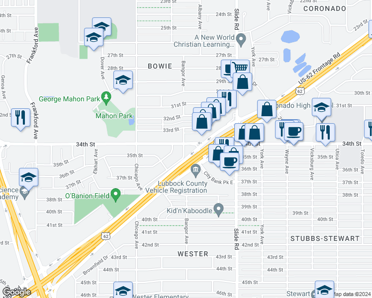 map of restaurants, bars, coffee shops, grocery stores, and more near 3403 Bangor Drive in Lubbock