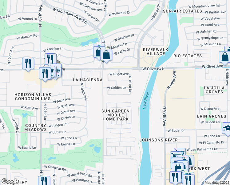 map of restaurants, bars, coffee shops, grocery stores, and more near 10219 West Lawrence Lane in Peoria