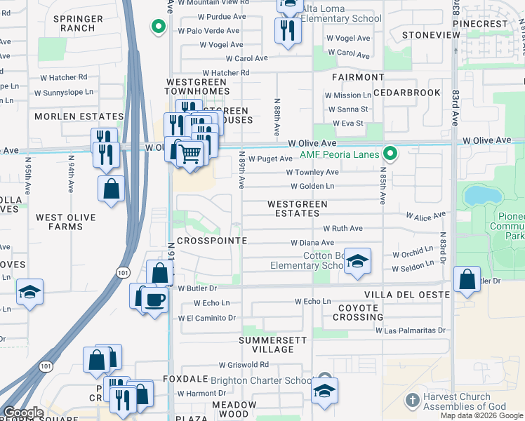 map of restaurants, bars, coffee shops, grocery stores, and more near 8821 West Alice Avenue in Peoria