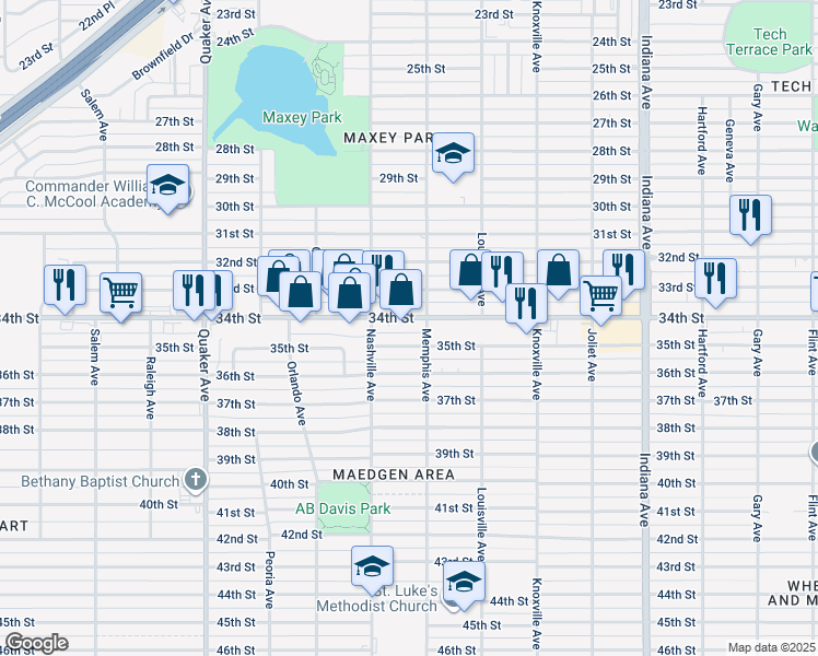 map of restaurants, bars, coffee shops, grocery stores, and more near 3802 35th Street in Lubbock