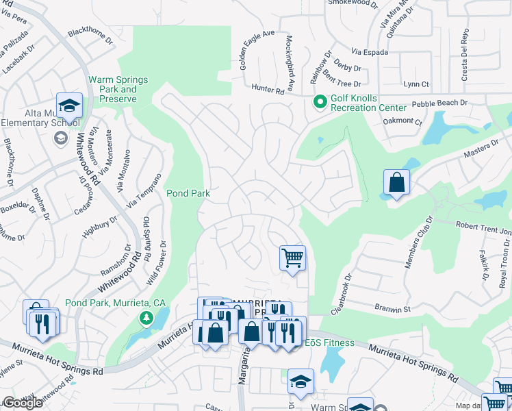 map of restaurants, bars, coffee shops, grocery stores, and more near 38480 Via La Paloma in Murrieta