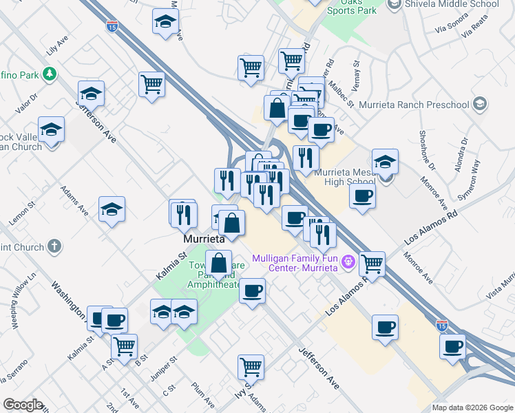 map of restaurants, bars, coffee shops, grocery stores, and more near 24635 Madison Avenue in Murrieta