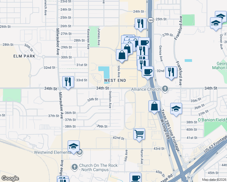 map of restaurants, bars, coffee shops, grocery stores, and more near 6193 34th Street in Lubbock