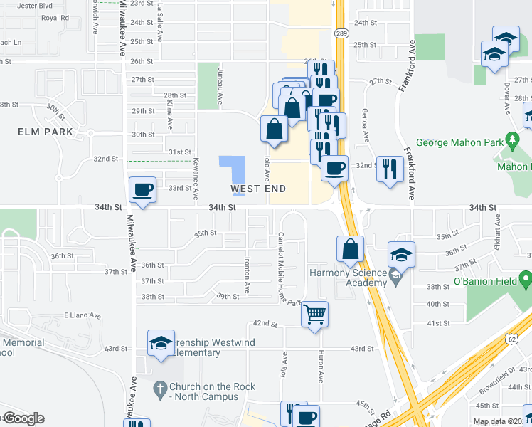 map of restaurants, bars, coffee shops, grocery stores, and more near 6177 34th Street in Lubbock