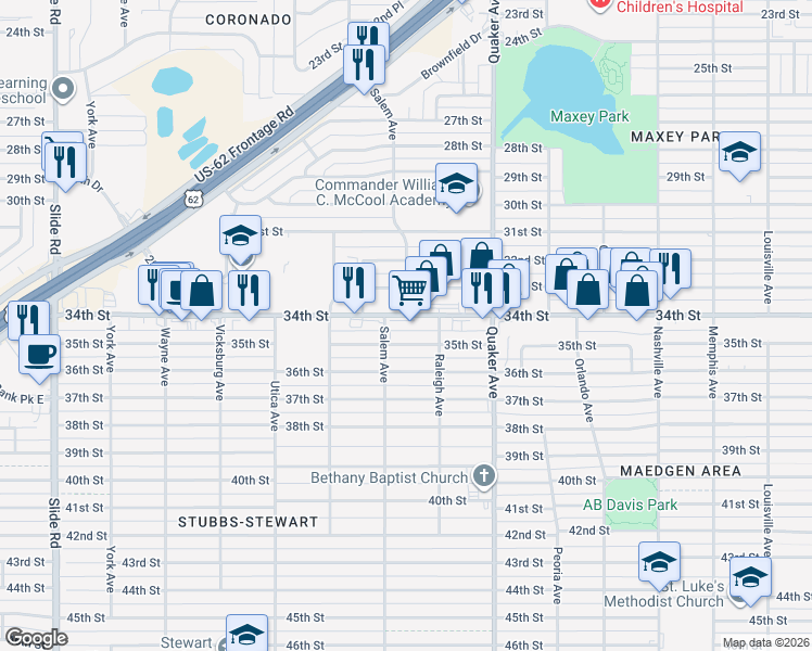 map of restaurants, bars, coffee shops, grocery stores, and more near 4514 35th Street in Lubbock