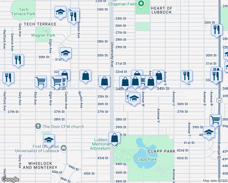 map of restaurants, bars, coffee shops, grocery stores, and more near 2412 35th Street in Lubbock