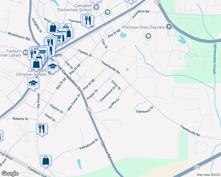 map of restaurants, bars, coffee shops, grocery stores, and more near 118 Greenwood Street in Fairburn