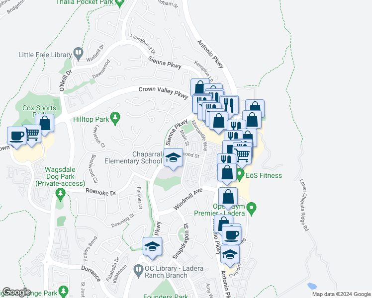 map of restaurants, bars, coffee shops, grocery stores, and more near 42 Albany Street in Ladera Ranch