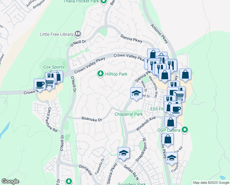 map of restaurants, bars, coffee shops, grocery stores, and more near 4 Hearthside Road in Ladera Ranch