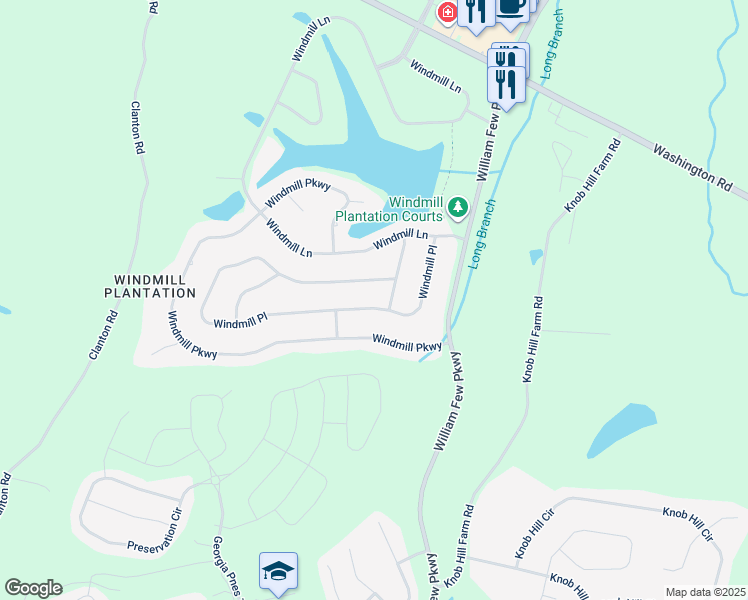 map of restaurants, bars, coffee shops, grocery stores, and more near 5129 Windmill Place in Evans