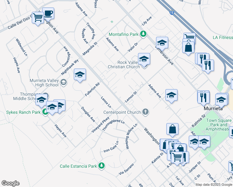 map of restaurants, bars, coffee shops, grocery stores, and more near 24264 Washington Avenue in Murrieta