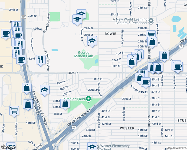 map of restaurants, bars, coffee shops, grocery stores, and more near 5514 35th Street in Lubbock
