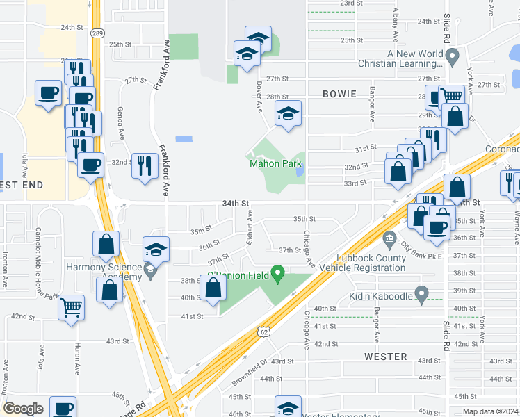 map of restaurants, bars, coffee shops, grocery stores, and more near 5526 35th Street in Lubbock