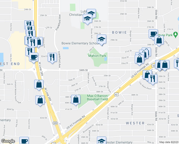 map of restaurants, bars, coffee shops, grocery stores, and more near 5526 35th Street in Lubbock