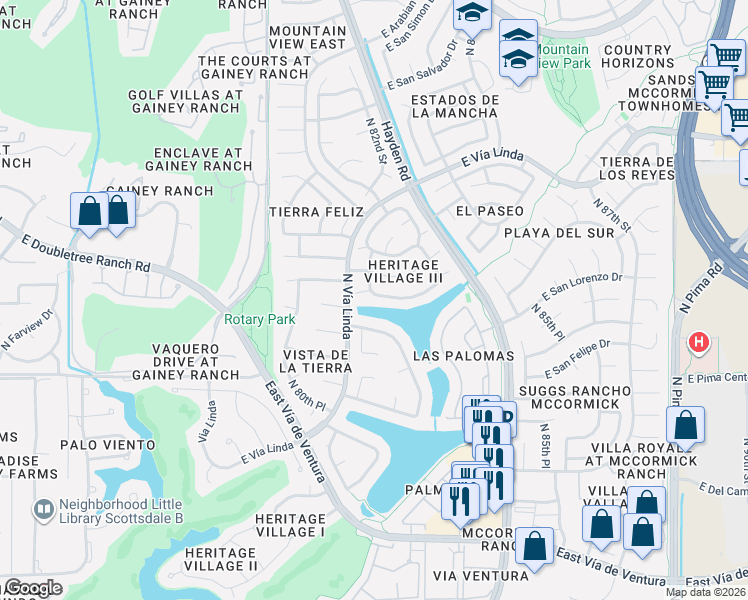 map of restaurants, bars, coffee shops, grocery stores, and more near 8202 East Del Cadena Drive in Scottsdale