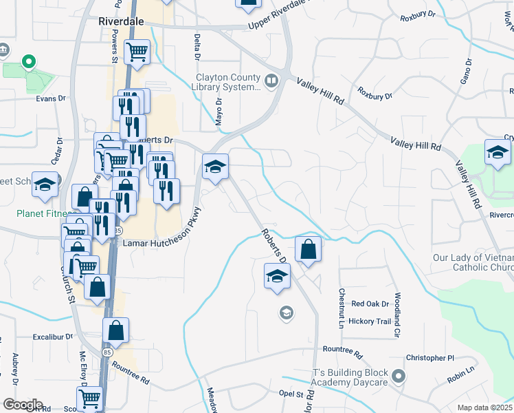 map of restaurants, bars, coffee shops, grocery stores, and more near 7093 Brookview Way in Riverdale