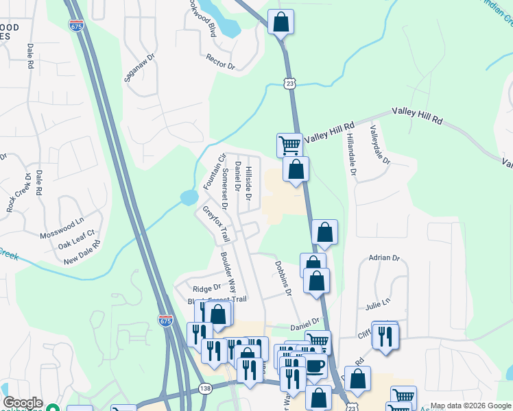 map of restaurants, bars, coffee shops, grocery stores, and more near 892 Fountain Circle in Stockbridge
