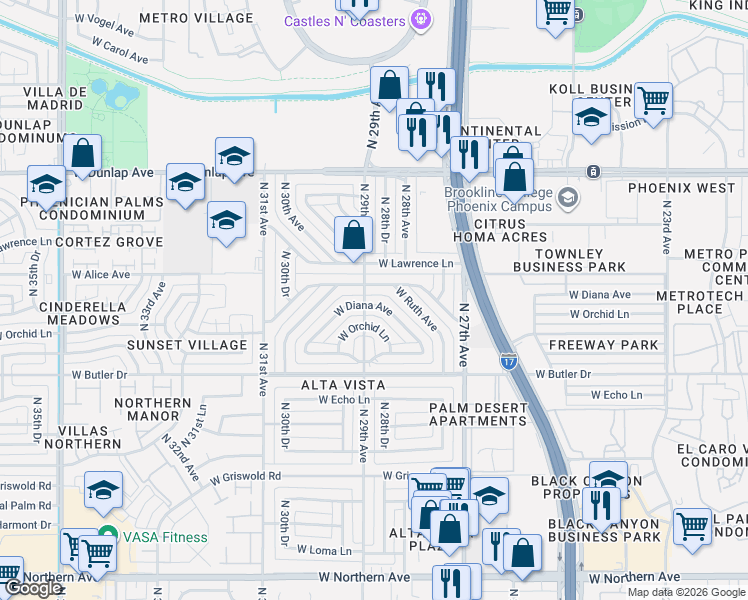map of restaurants, bars, coffee shops, grocery stores, and more near 2853 West Diana Avenue in Phoenix