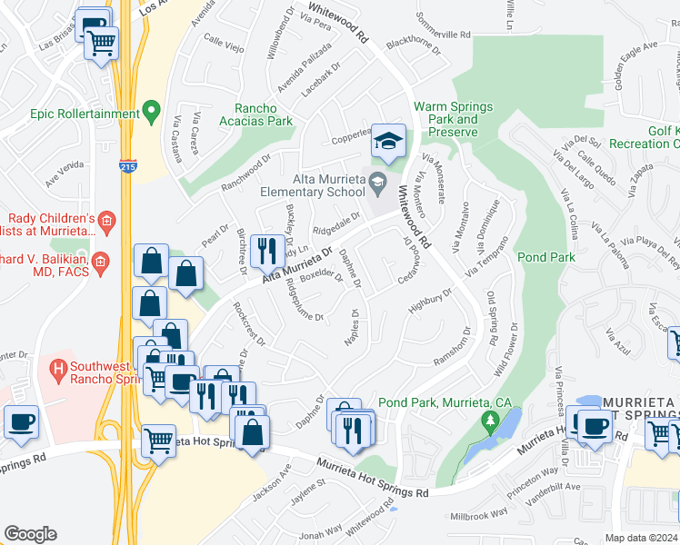 map of restaurants, bars, coffee shops, grocery stores, and more near 39602 Currant Court in Murrieta