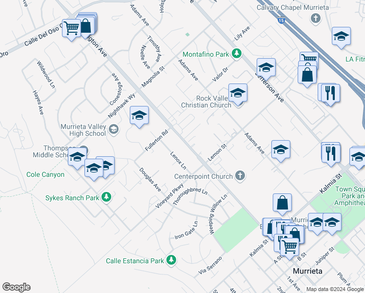 map of restaurants, bars, coffee shops, grocery stores, and more near Lenox Lane in Murrieta