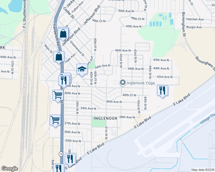 map of restaurants, bars, coffee shops, grocery stores, and more near 4100 41st Avenue North in Birmingham