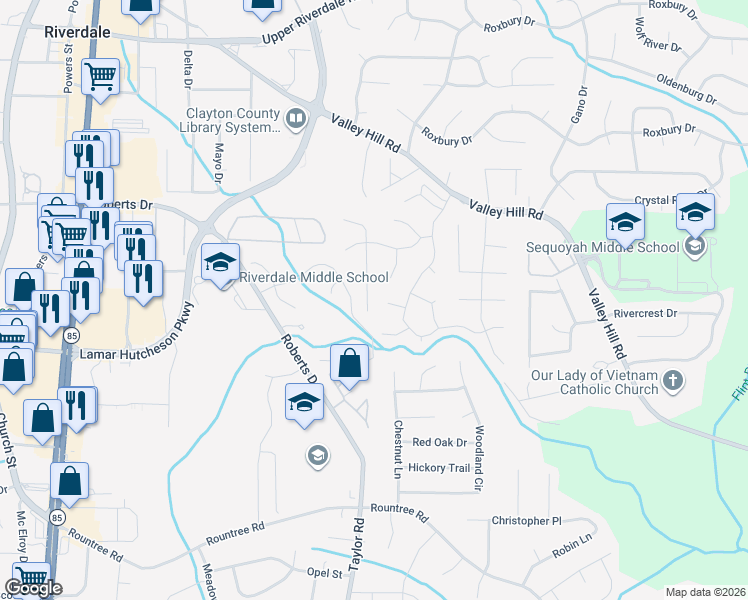 map of restaurants, bars, coffee shops, grocery stores, and more near 7034 Adel Lane in Riverdale