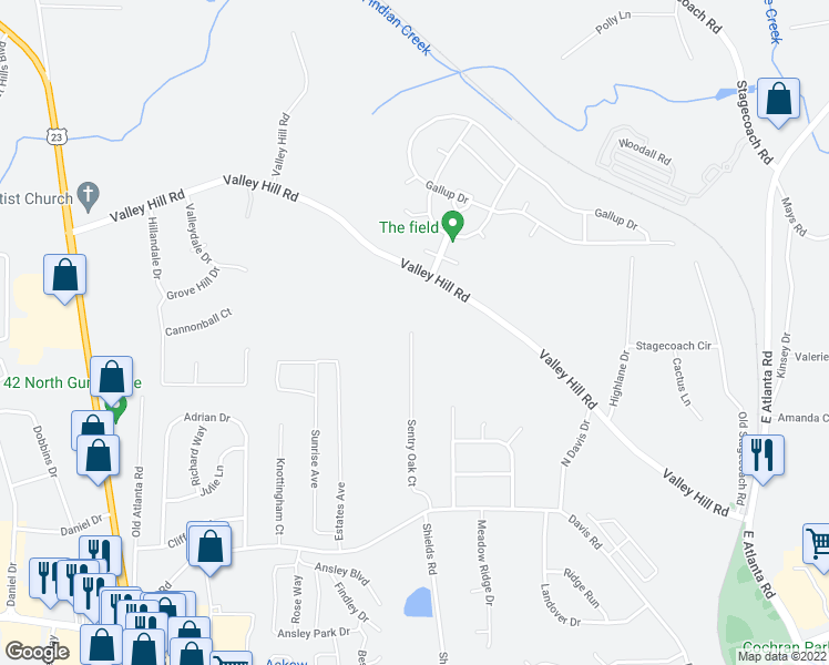 map of restaurants, bars, coffee shops, grocery stores, and more near 65 Sentry Oak Court in Stockbridge