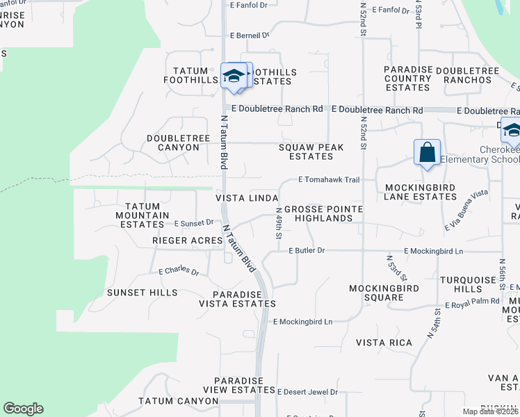 map of restaurants, bars, coffee shops, grocery stores, and more near 4865 East Sunset Drive in Paradise Valley