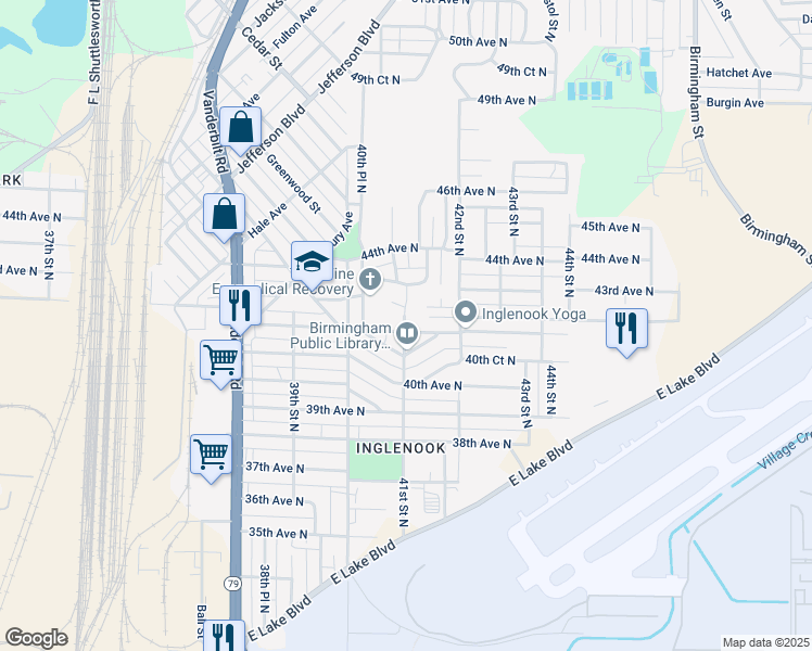 map of restaurants, bars, coffee shops, grocery stores, and more near 4100 41st Avenue North in Birmingham