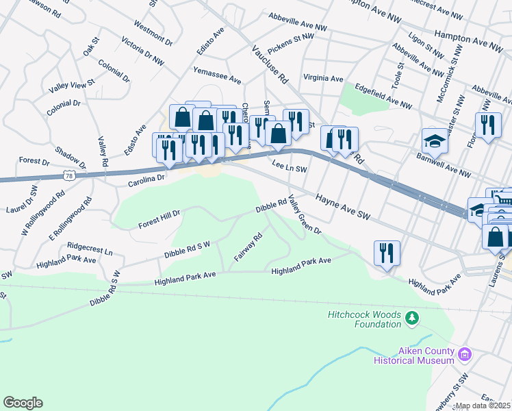 map of restaurants, bars, coffee shops, grocery stores, and more near 1528 Dibble Road in Aiken