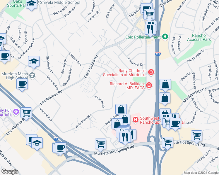 map of restaurants, bars, coffee shops, grocery stores, and more near 40475 Vista Murrieta in Murrieta