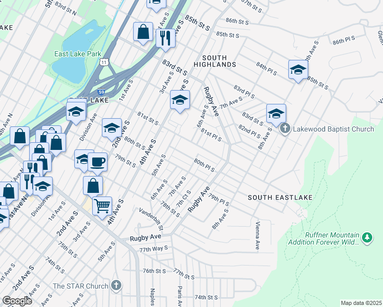map of restaurants, bars, coffee shops, grocery stores, and more near 611 80th Place South in Birmingham