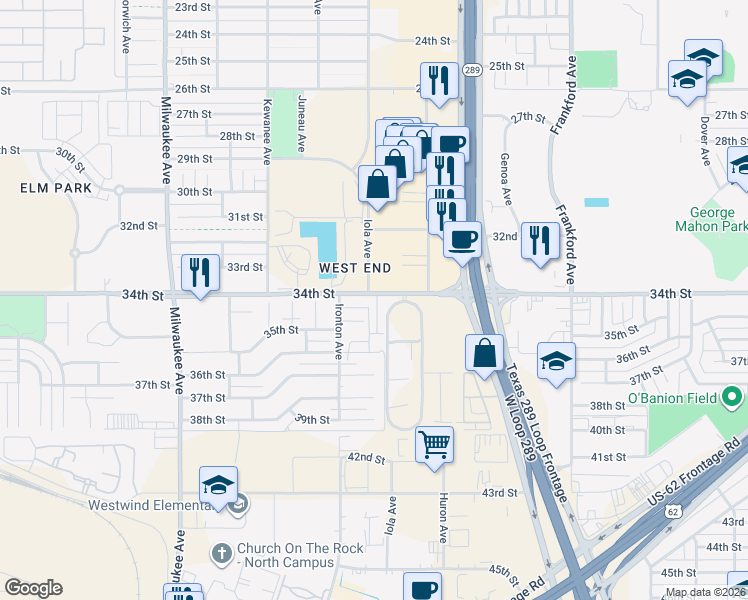 map of restaurants, bars, coffee shops, grocery stores, and more near 3415 Hyden Avenue in Lubbock
