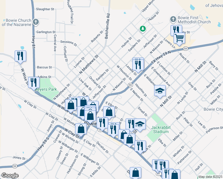 map of restaurants, bars, coffee shops, grocery stores, and more near 609 Texas 59 in Bowie